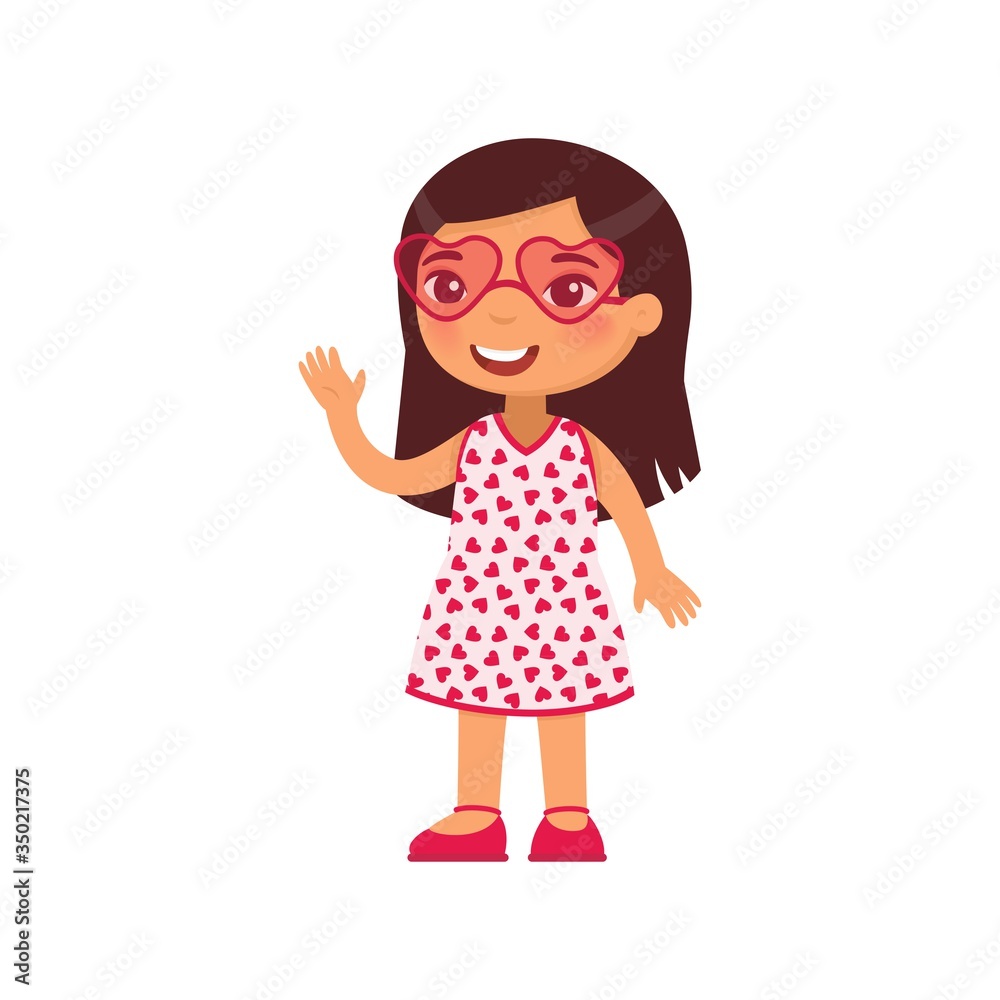 Little girl in heart shaped glasses flat vector illustration. Smiling child character waving hello. February 14 holiday isolated design element. Valentines Day. Asian kid in festive pink sunglasses Little girl in heart shaped glasses flat vector illustration. Smiling child character waving hello. February 14 holiday isolated design element. Valentines Day. Asian kid in festive pink sunglasses