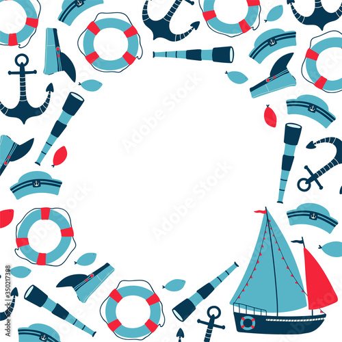 Illustration of a sea with a sailboat, an anchor, a telescope, a lifeline. Children's frame with space for text on a white background. Vector