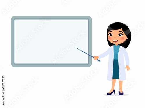 Smiling asian female doctor points to an empty medical demonstration board. Doctor in a white coat character. Vector illustration on a white background.