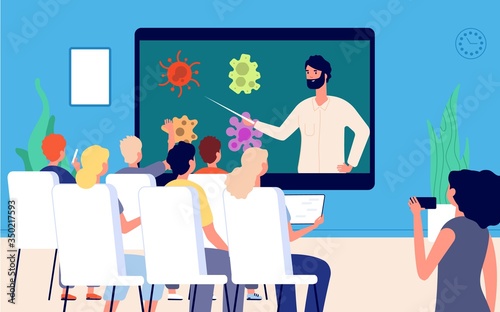 Distance learning. Group of students at online lecture. Teacher giving live lesson. Epidemiology, viruses. Remote education, online professor vector illustration. Virology lecture distance learning