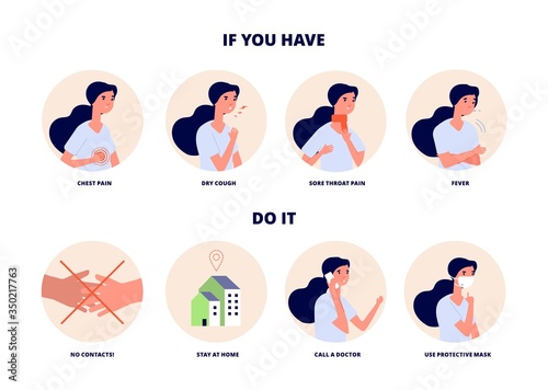Flu virus symptoms. Prevent spread of disease. Coronavirus covid 19 viral infection global problem. Flat sick woman, female has cough, pain and fever, vector illustration, symptom respiratory illness