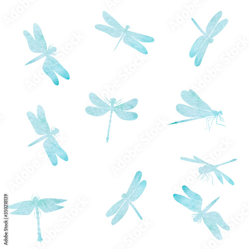vector, white background, blue watercolor dragonfly silhouette fly