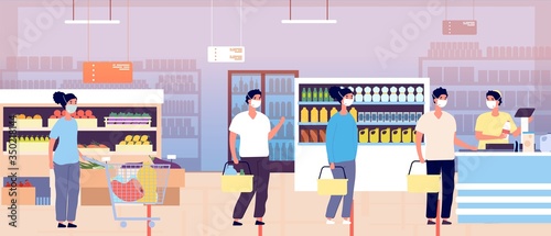 Queue in supermarket cashier. Grocery store customers with carts. People protective masks keep distance. Pandemic or global coronavirus epidemic. Shoppers waiting line vector in grocery illustration