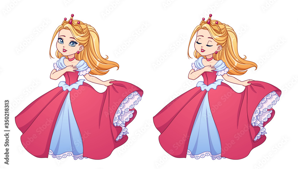 Pretty little princess with blonde hair wearing pink ball dress and golden crown.