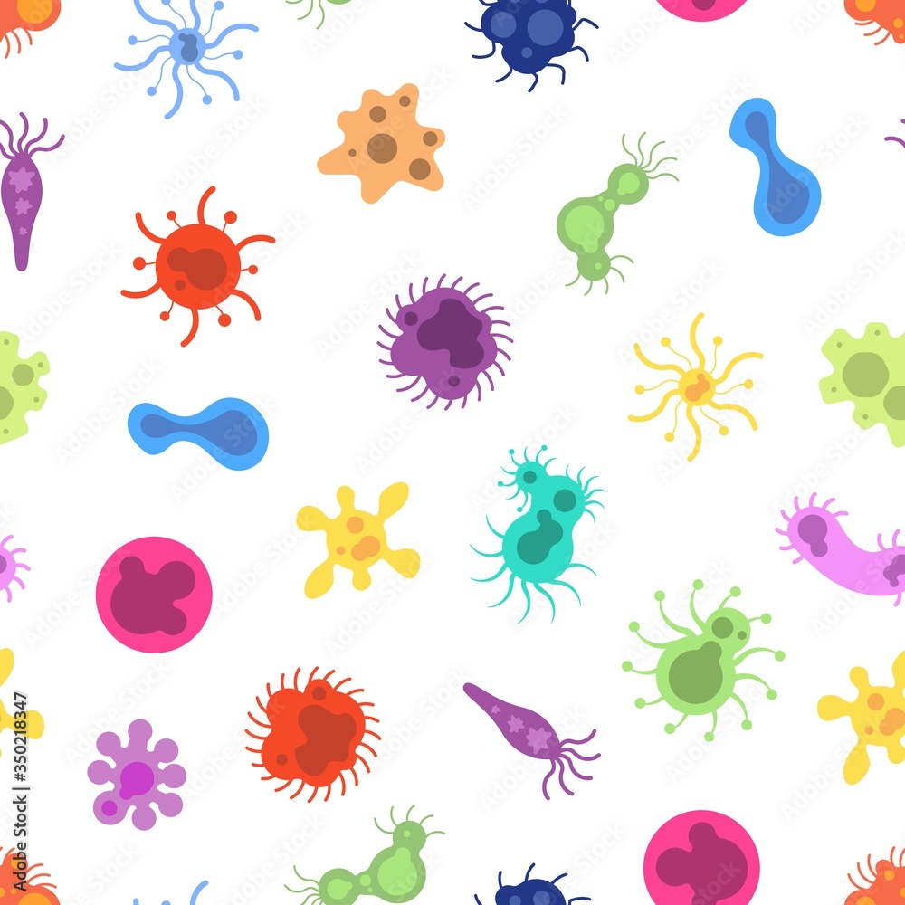 Viruses pattern. Germs , toxin cells microbes and bacterias. Epidemiology, biology and microbiology elements. Flu disease, coronavirus vector seamless texture. Virus covid-19 bacterium microbe