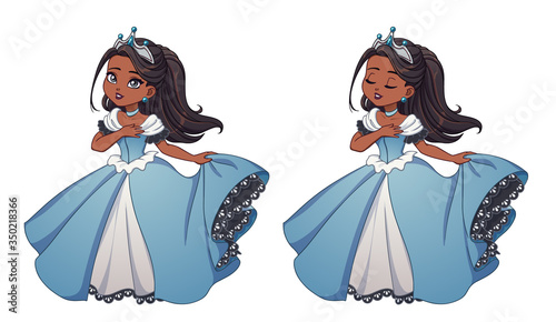 Pretty little princess with black hair and tan skin wearing blue ball dress.