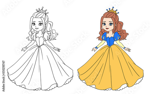 Beautiful little princess wearing long ball dress. Big cartoon eyes and head.