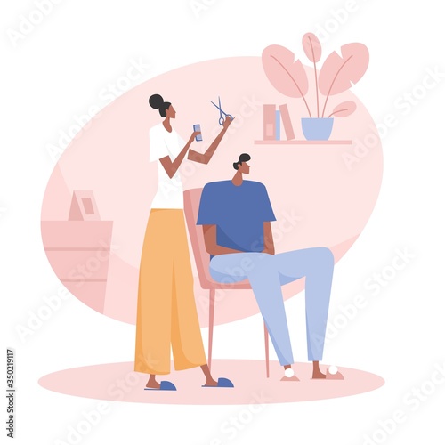 Man and a woman spend time together at home. Young happy couple stay home on quarantine. Corona virus self-isolation illustration. Isolation period at home