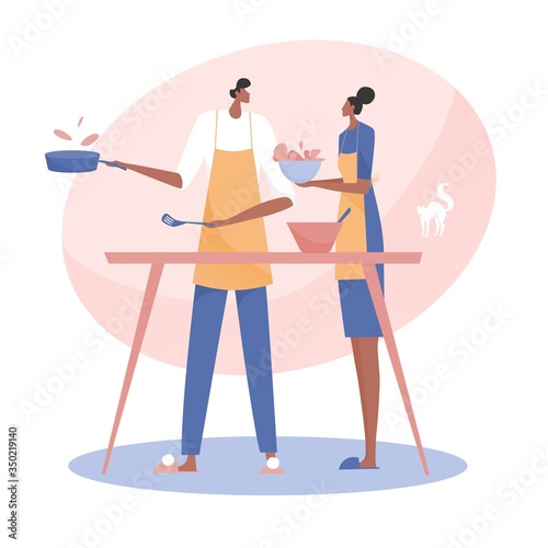 Man and a woman spend time together at home. Young happy couple stay home on quarantine. Corona virus self-isolation illustration. Isolation period at home