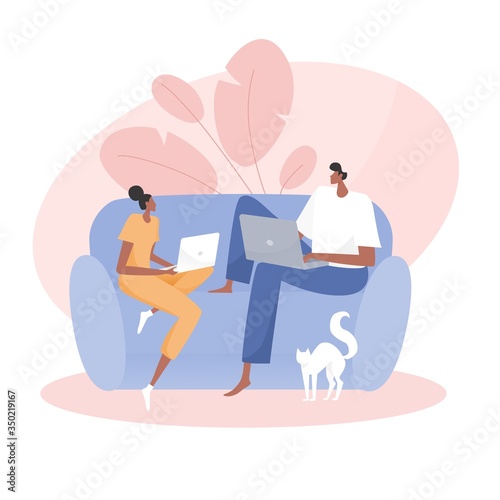 Love couple stay home banner. Quarantine or self-isolation. Coronavirus pandemic. Risk of infection Covid-19. Trendy style vector illustration
