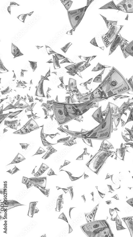 Naklejka premium Flying dollars banknotes isolated on white background. Money is flying in the air. 100 US banknotes new sample. Black and white style. 3D illustration