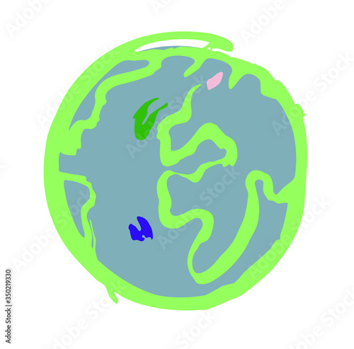 Planet Earth. The globe with continents, oceans, countries. Eco symbol illustration. Colorful hand drawn logo. Freehand design element recycling conservation travel global warming environmental issues