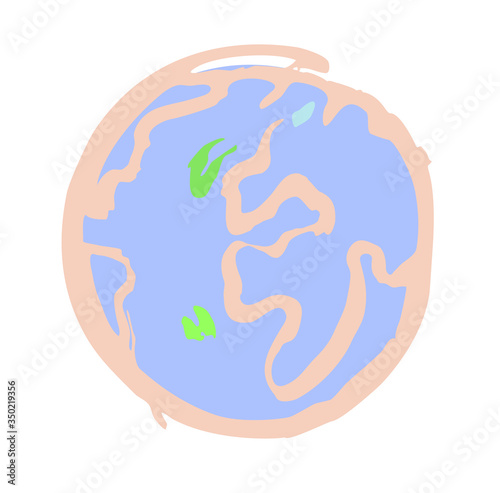 Planet Earth. The globe with continents, oceans, countries. Eco symbol illustration. Colorful hand drawn logo. Freehand design element recycling conservation travel global warming environmental issues