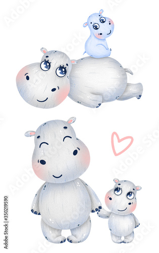 Cute cartoon hippo family set on a white background