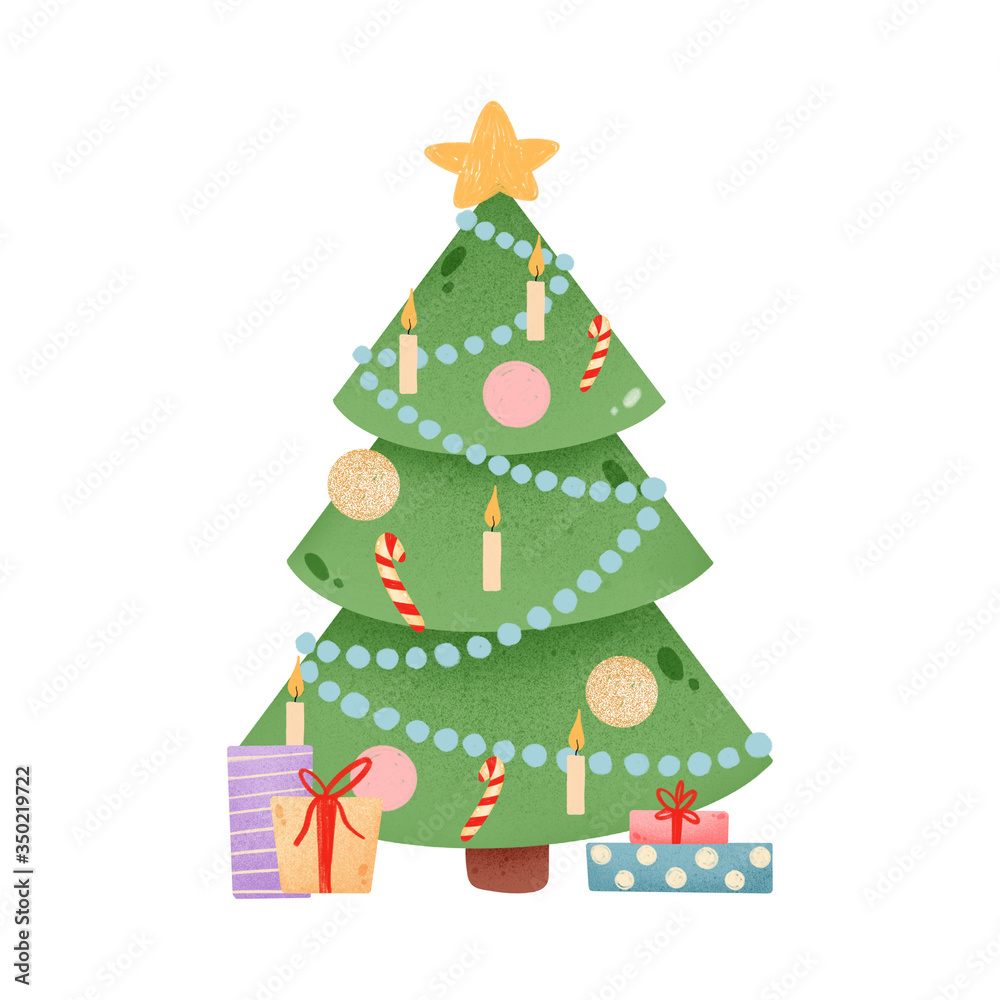 Cartoon christmas tree with gifts on a white background