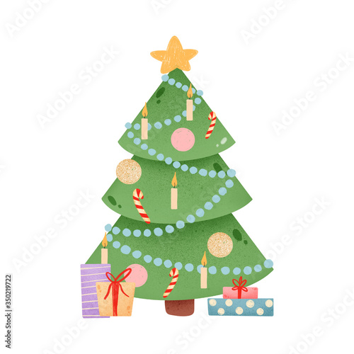 Cartoon christmas tree with gifts on a white background