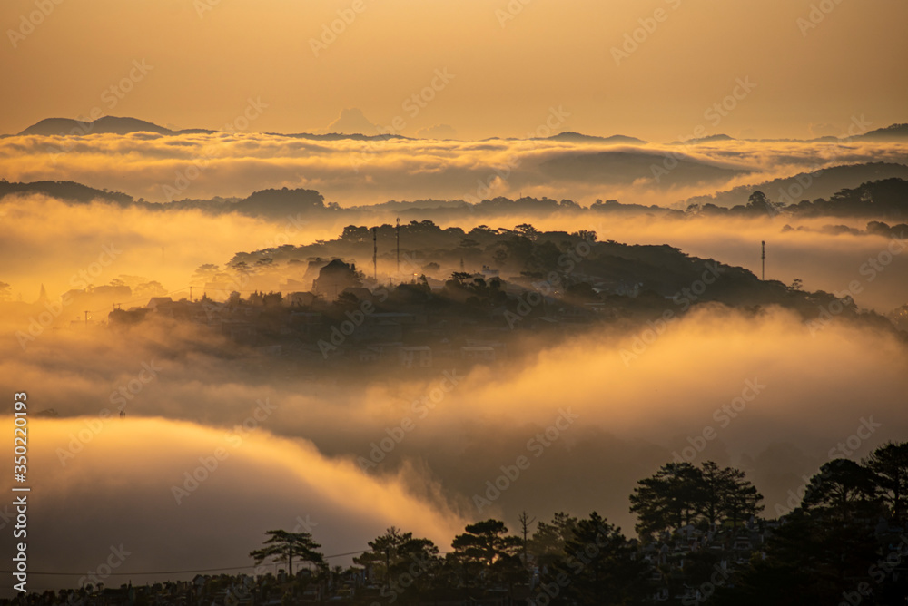 Fototapeta premium Mountains in fog at beautiful morning in autumn in Dalat city, Vietnam. Landscape with Langbiang mountain valley, low clouds, forest, colorful sky , city illumination at dusk.