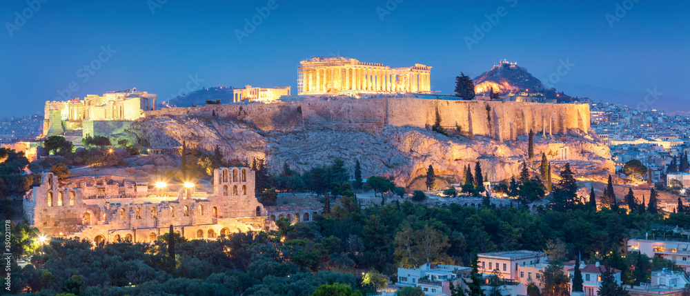 Night panoramic view of the Acropolis Hil  with Parthenon, Greece