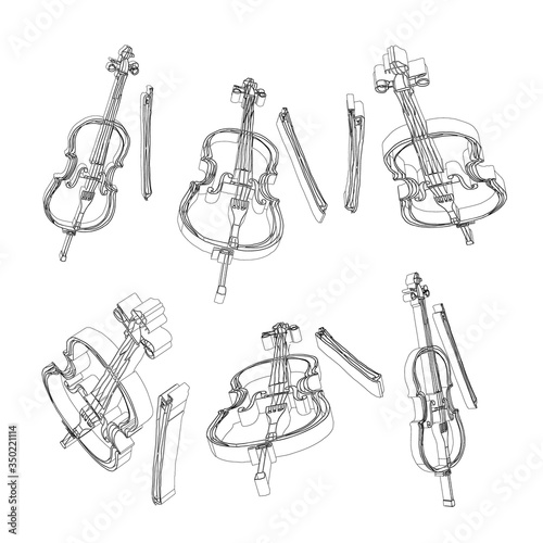 Outline isometric sketch collection of violin from different angles music concept vector illustration