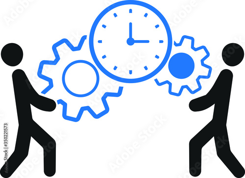 Project Management Icon. Business Concept. A Two man with Gears and Clock. vector illustration