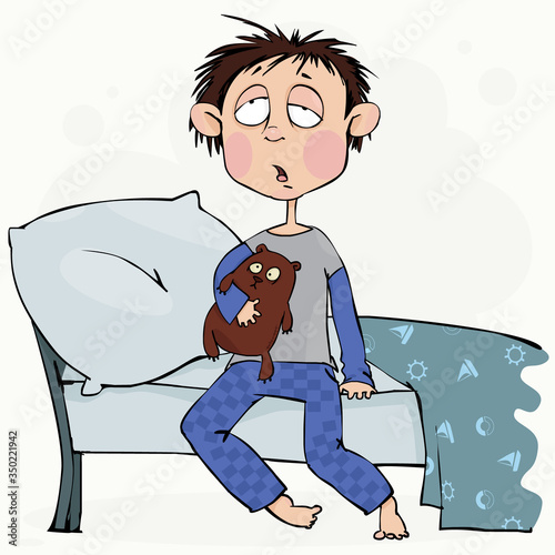 Sleepy boy with a teddy bear, vector illustration