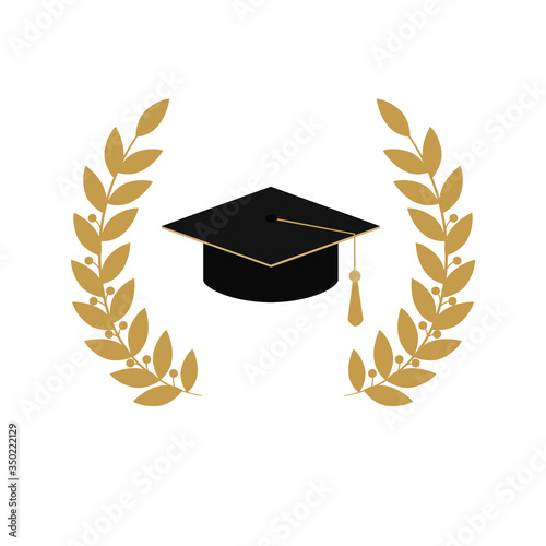 Gold emblem class on white background. Graduate hat and laurel wreath, vector illustration