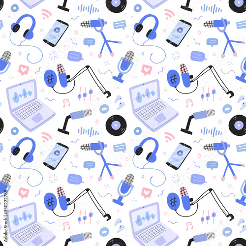 podcast and broadcast pattern, vector collage with microphones, headphones, computer program for recording and producing podcast shows, seamless ornament, hand drawn icons, endless background