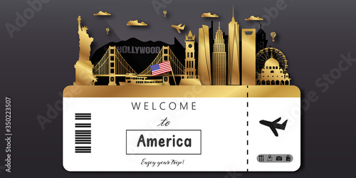 USA America Travel postcard, poster, tour advertising of world famous landmarks. Vectors illustrations