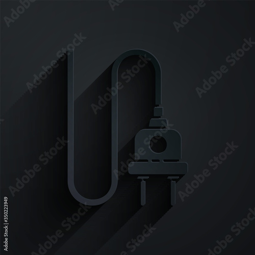Paper cut Electric plug icon isolated on black background. Concept of connection and disconnection of the electricity. Paper art style. Vector Illustration
