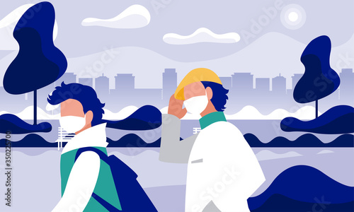 Men with masks at park in front of city buildings vector design