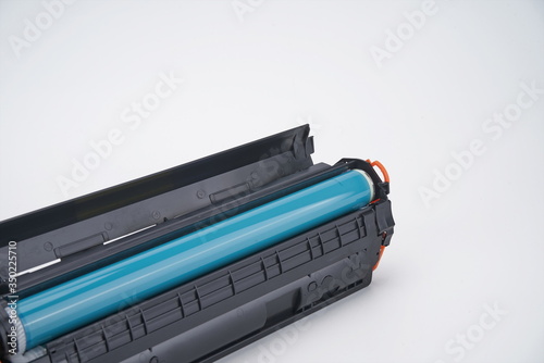 Laser printer toner cartridges of various sizes in isolation against a white background