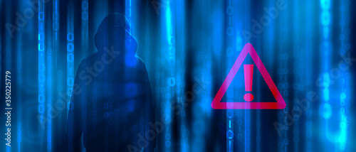 Ransomware concept. Abstract digital background with anonymous man hacker in binary code with warning sign. Hack, darkness, virtual reality and science fiction. Matrix background with cybersecurity.