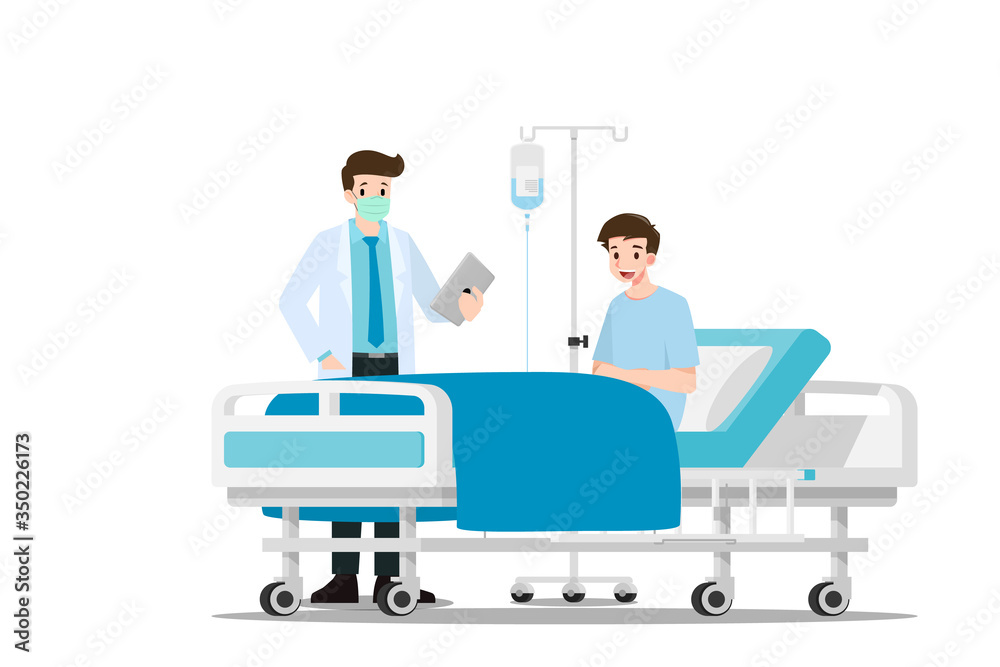 The doctors visit and treating the patient who resting on the bed in the hospital room. Medical Health care concept. Hospital ward set scene. Vector Flat Illustration design