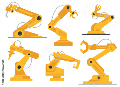 Vector flat robot arm welding at factory line set. Modern plant tech manipulator illustration. Isolated futuristic industrial mechanical hand drawing on white background.