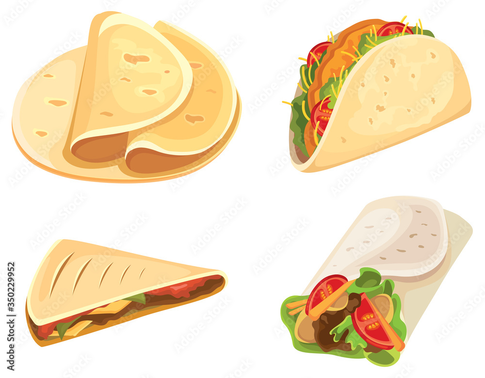 Set of mexican food. Tacos, burrito, tortilla, quesadilla in cartoon
