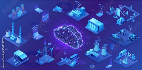 Industrial internet of things  infographic illustration, blue neon concept with factory, electric power station, cloud 3d isometric icon, smart transport system, mining machines, data protection