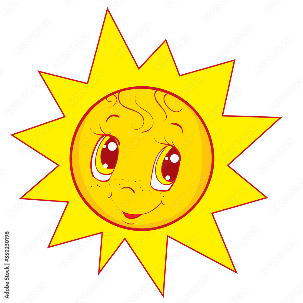 illustration for a cartoon character of a cute yellow sun with big eyes, isolated object on a white background, vector illustration,
