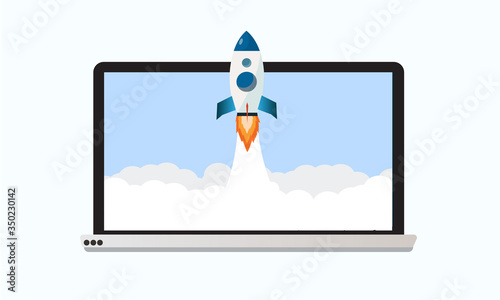 Rocket launching from laptop flat design,Startup business concept vector illustration.