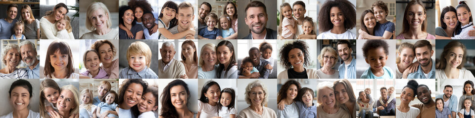 Collage mosaic of many happy multiracial people couples and families, old young generation adults and kids of diverse ethnicity faces headshots closeup portraits. Horizontal banner for website design.