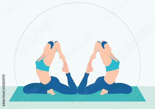 Girls in synchronous Yoga poses. Twins. Stretching, body plastic. Harmony of soul and body, relaxation and meditation. Insight. Occupation at home or in the hall, on the Mat. Around the house plants. 