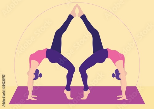 Girls in synchronous Yoga poses. Twins. Stretching, body plastic. Harmony of soul and body, relaxation and meditation. Insight. Occupation at home or in the hall, on the Mat. Around the house plants. 