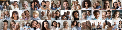Collage mosaic of many happy multiracial people couples and families, old young generation adults and kids of diverse ethnicity faces headshots closeup portraits. Horizontal banner for website design.