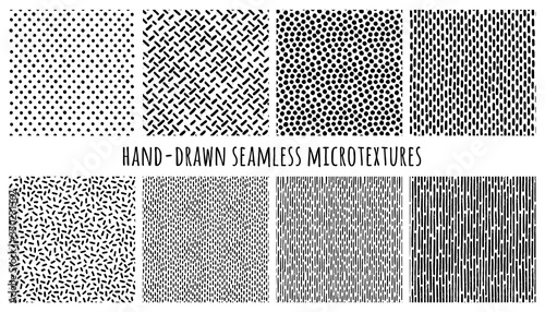 Set of hand-drawn seamless black and white textures with dots, circles, lines and dashed strokes. Vector repeat patterns.