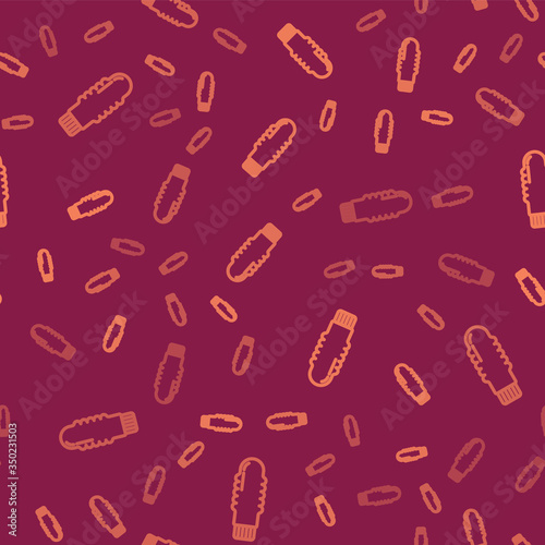 Brown line Dildo vibrator for sex games icon isolated seamless pattern on red background. Sex toy for adult. Vaginal exercise machines for intimate. Vector Illustration