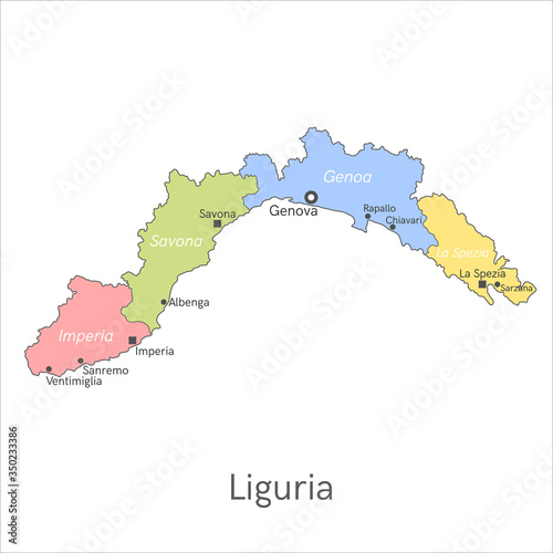 Vector illustration: administrative map of Liguria with the names of cities and provinces.