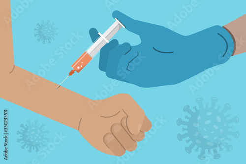 Medic hand in glove vaccinate a patient. Vaccination. Medical and health care. Stock vector illustration in flat design.