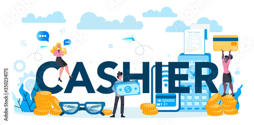 Cashier typographic header concept. Worker behind the cashier
