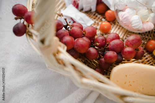 Basket with red grapes and glasses on a blanket
