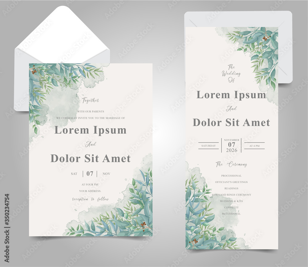 Greenery Wedding Invitation Cards Set Template
