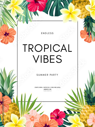 Vector summer design with exotic monstera palm leaves, Frangipani and Hibiscus flowers, pineapples and space for text. Sale offer template, banner of flyer background. Tropical backdrop illustration.